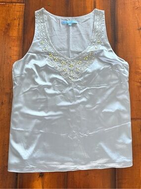 ANTONIO MELANI Silvery Grey Satin V-Neck Embellished Silk Tank